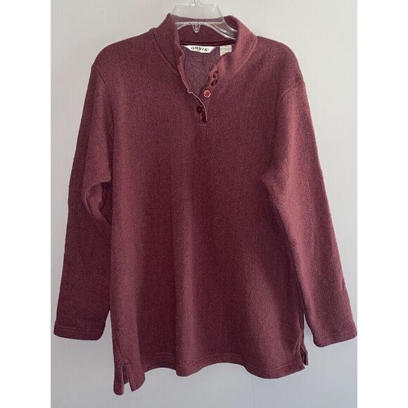 Orvis Pullover Sweatshirt Fleece Lined 1/4 Button Rust Red Outdoor Womens Large - Picture 1 of 15